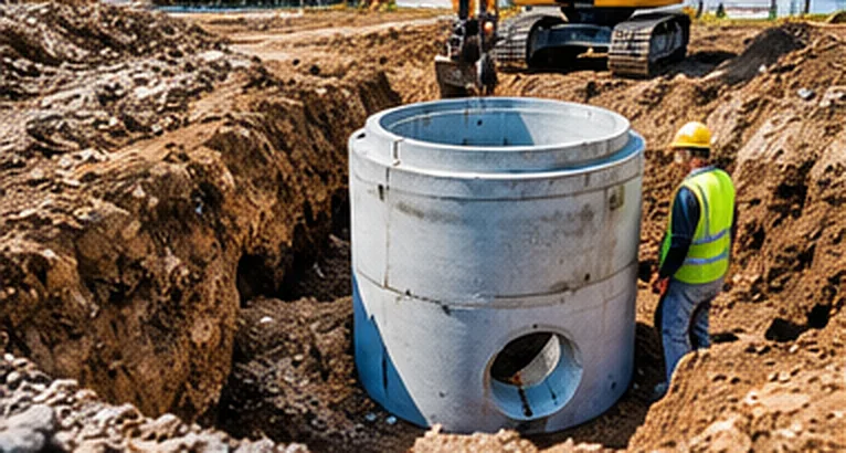 Kör keresztmetszetű beton csapadékvíz-akna beépítése munkagödörbe, mellette munkavédelmi mellényes dolgozó