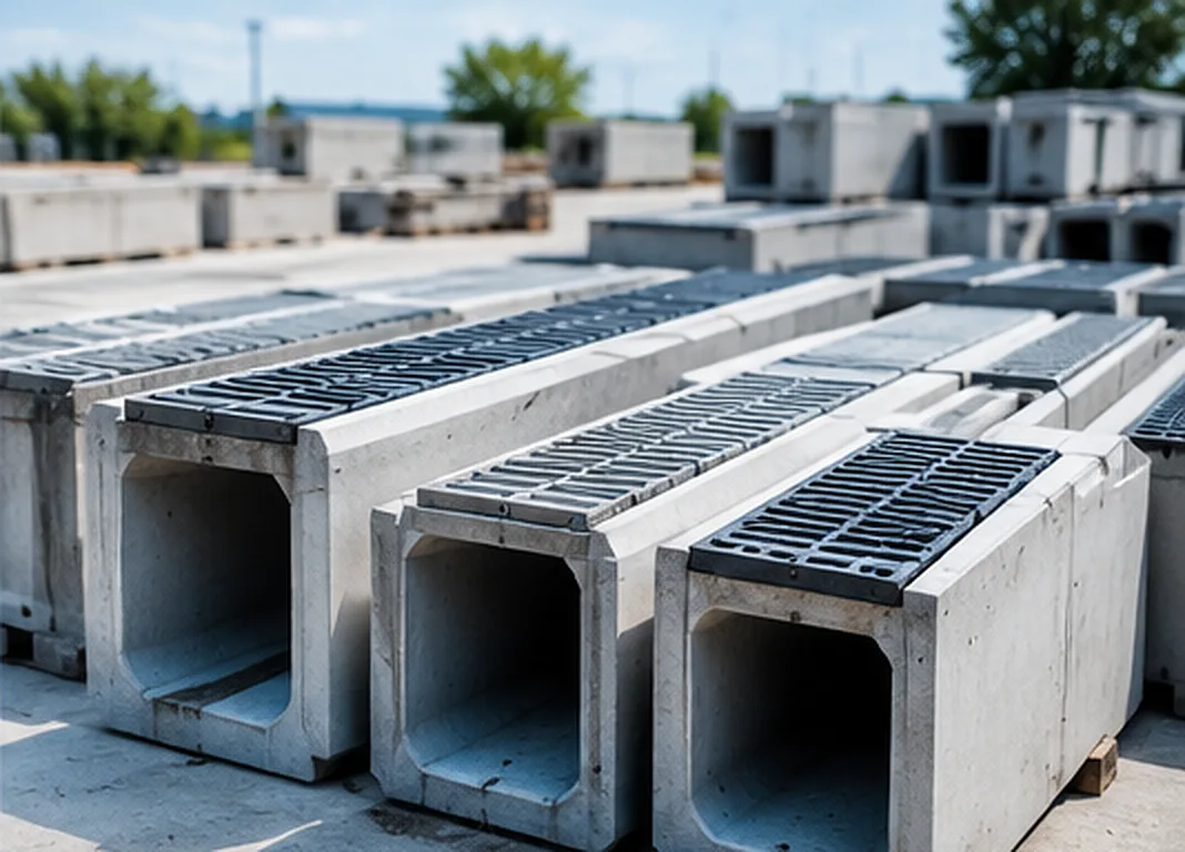 Előregyártott beton csapadékvíz-elvezető folyókaelemek öntöttvas rácsfedlappal, depóban