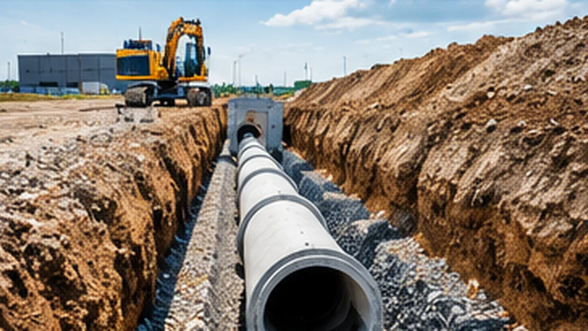 Beton csatornacsövek fektetése zúzottkő ágyazatba kiásott árokban, háttérben kotrógép és ipari csarnok