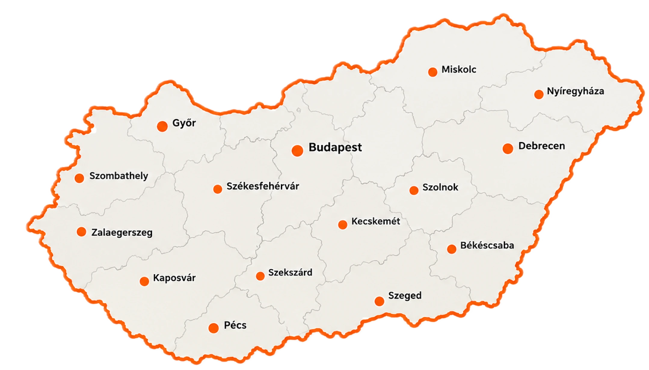 Magyarország térképe kiemelt városokkal — Budapest, Debrecen, Szeged, Miskolc, Pécs, Győr, Nyíregyháza, Kecskemét, Székesfehérvár